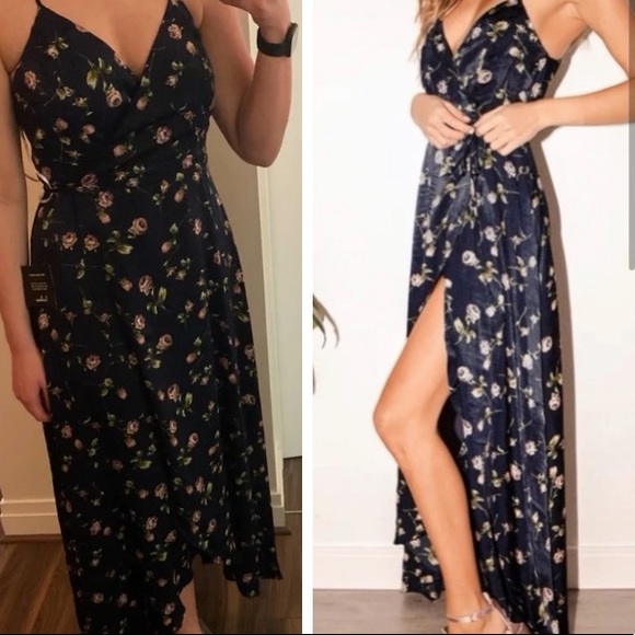 💙Lulus A Promise to You Navy Blue Floral Satin Wrap Maxi Dresses - Picture 1 of 6